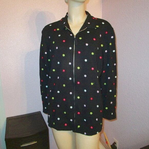 VTG Diane's DAISY Embroidered Size L JACKET Sequins FULL ZIP Stretch Knit POCKET - Picture 1 of 8